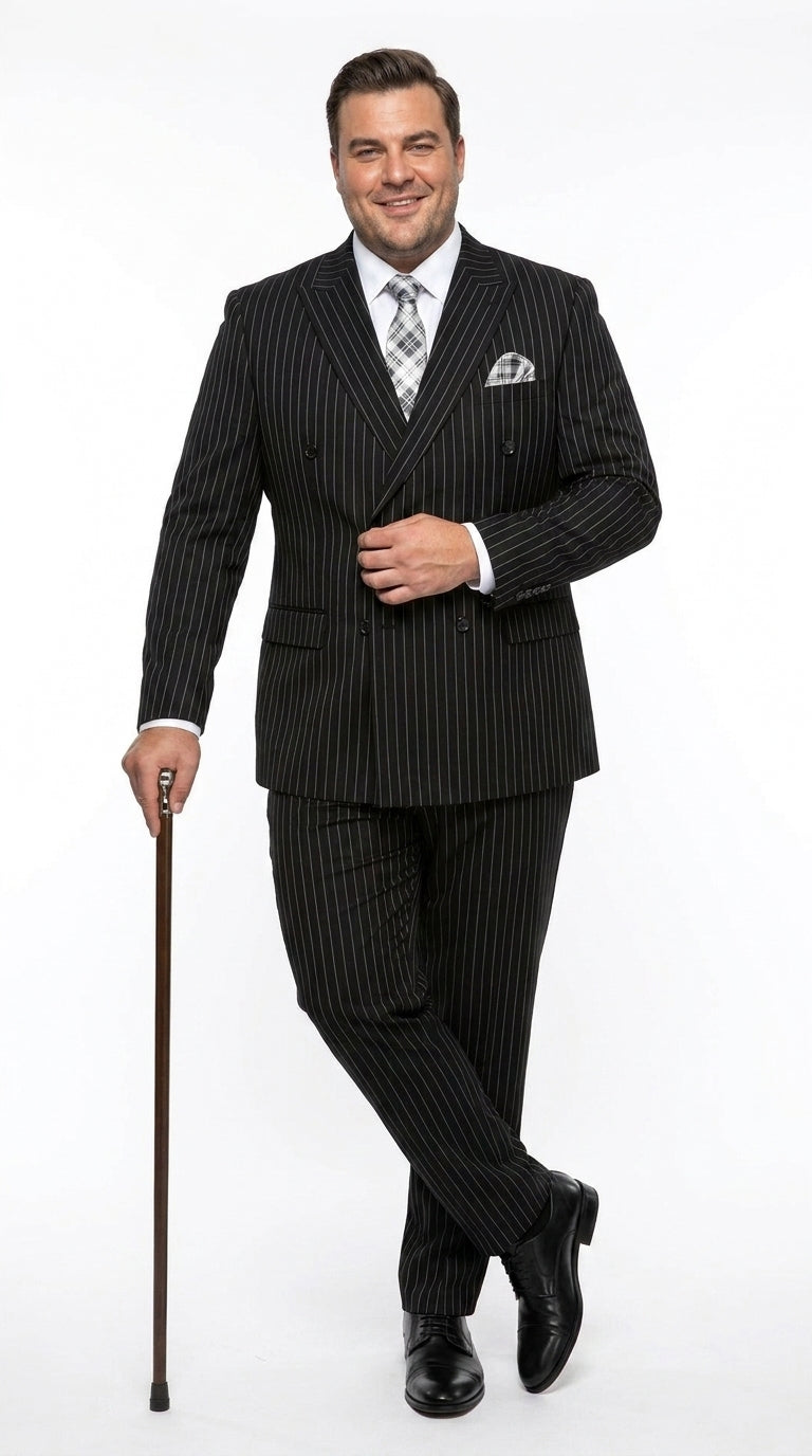 Men’s Black Bold Pinstripe Double-Breasted Wool Suit – Designer Gangster Wedding and Formal Suit