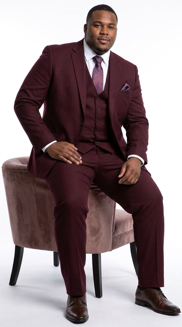 Men’s Burgundy 3-Piece Wool Suit – Regular Fit Wedding, Business and Formal Suit with Pleated Pants
