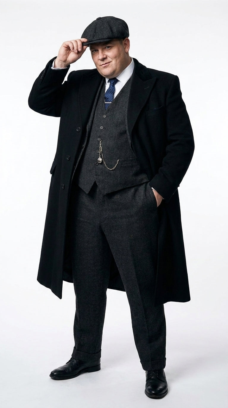 Men’s Black Peaky Blinders 3-Piece Suit with Overcoat – Thomas Shelby Inspired 1920s Gangster Outfit