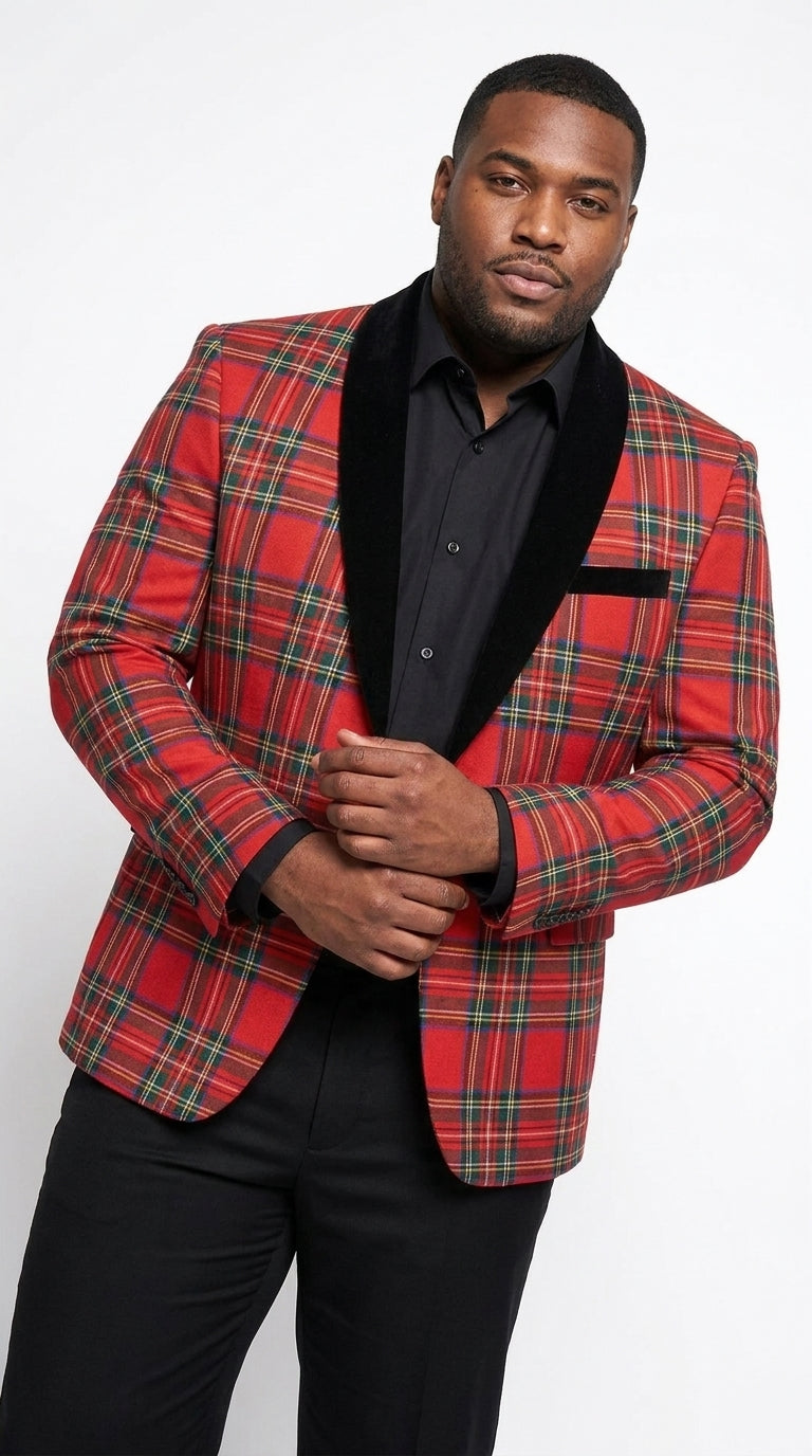 Men’s Red Tartan Plaid Shawl Lapel Holiday Blazer, PLAID-235 Formal Dinner Jacket