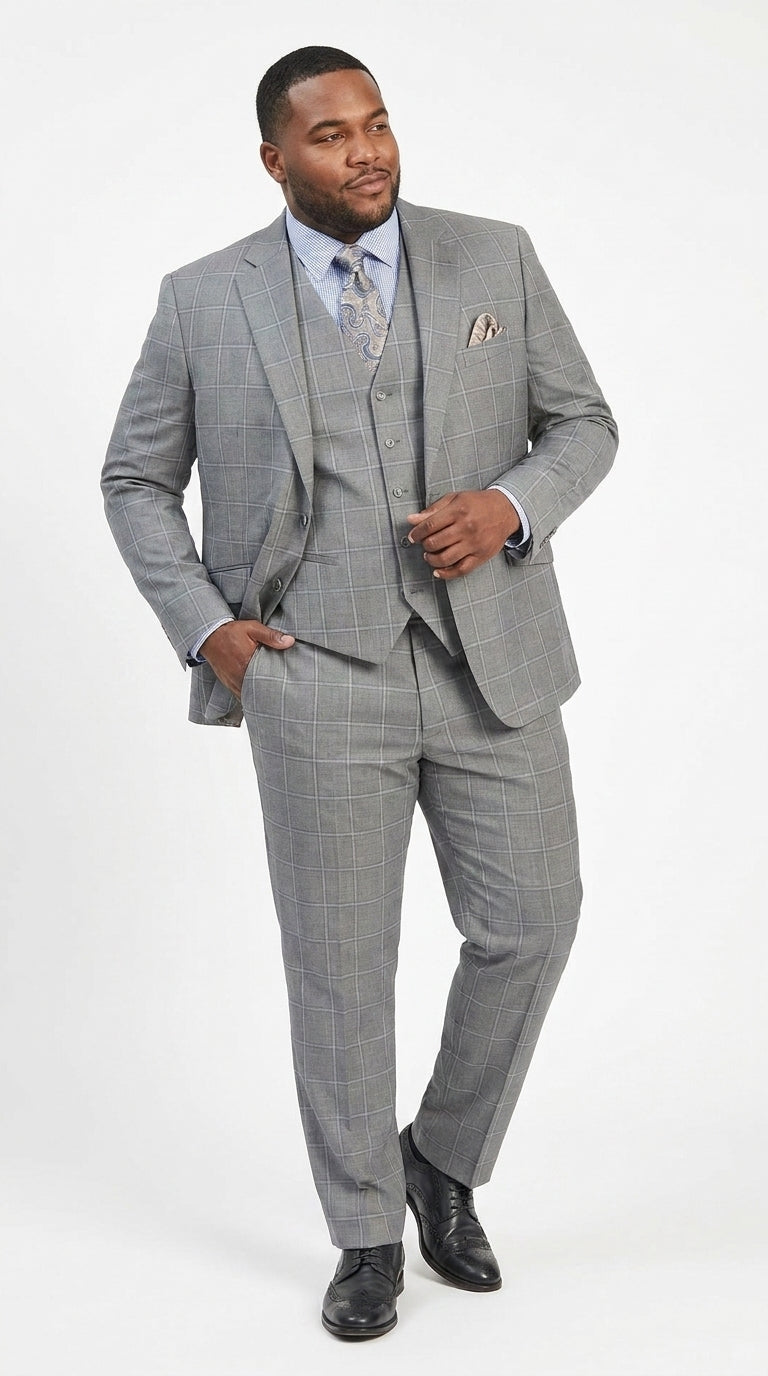 Men’s Light Grey Windowpane Plaid Suit, 1920s Inspired 3 Piece Formal Wedding Dress Suit