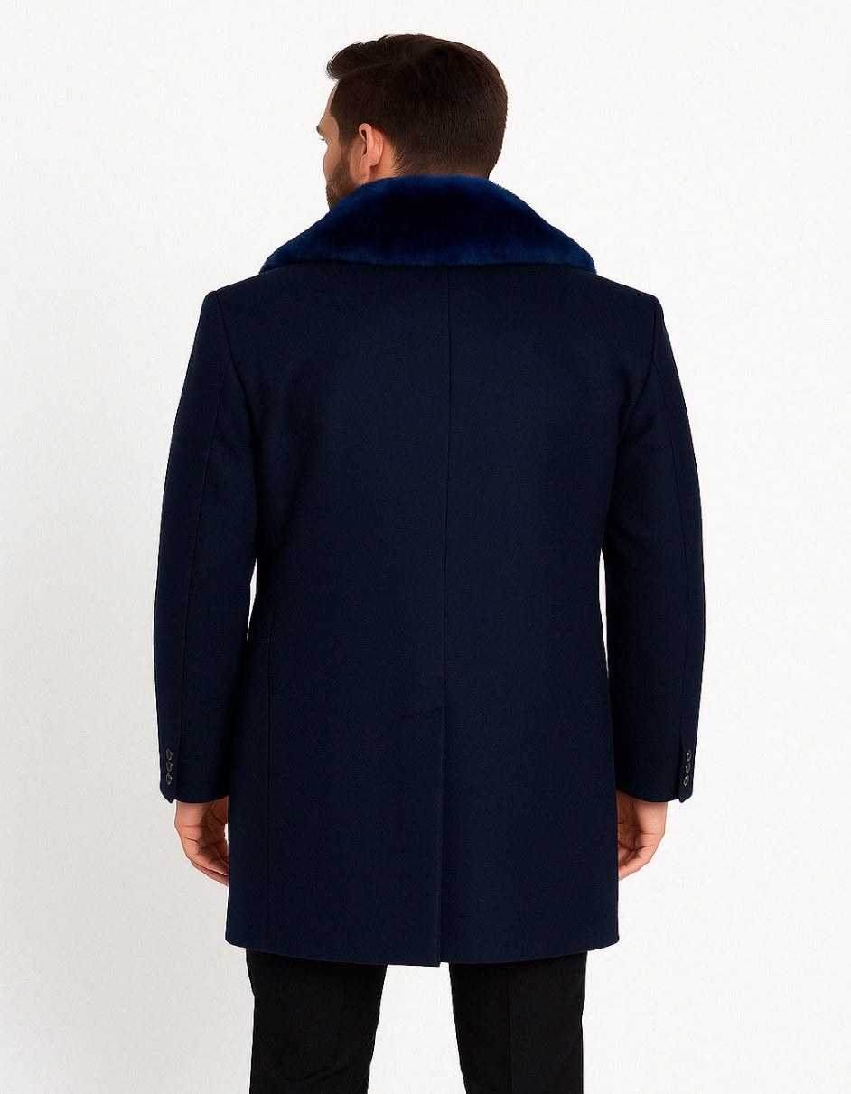 Navy Wool Overcoat with Royal Blue Fur Collar