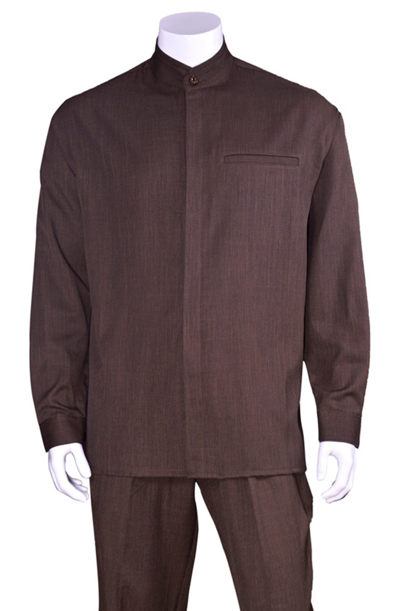 Mandarin Collar Brown Leisure Set for Men