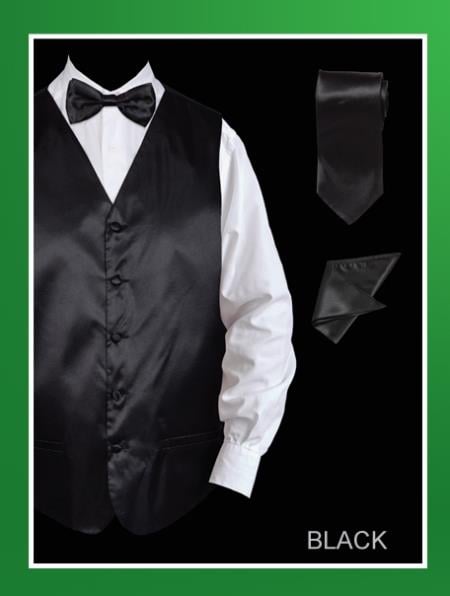Men's 4 Piece Groomsmen Dress Tuxedo Wedding Vest ~ Waistcoat ~ Waist coat Set (Bow Tie, Neck Tie, Hanky) - Satin Black - Men's Neck Ties - Mens Dress Tie - Trendy Mens Ties