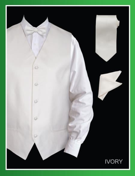 Men's 4 Piece Groomsmen Dress Tuxedo Wedding Vest ~ Waistcoat ~ Waist coat Set (Bow Tie, Neck Tie, Hanky) - Jacquard Ivory - Men's Neck Ties - Mens Dress Tie - Trendy Mens Ties