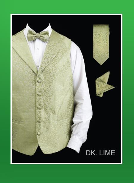 Men's 4 Piece Groomsmen Dress Tuxedo Wedding Vest ~ Waistcoat ~ Waist coat Set (Bow Tie, Neck Tie, Hanky) - Lapelled Groomsmen Vest ~ Waistcoat ~ Waist coat Dark lime mint - Men's Neck Ties - Mens Dress Tie - Trendy Mens Ties