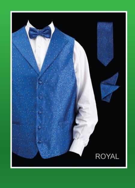 Men's 4 Piece Groomsmen Dress Tuxedo Wedding Dress Tuxedo Wedding Vest ~ Waistcoat ~ Waist coat Set (Bow Tie, Neck Tie, Hanky) - Lapelled Groomsmen Vest ~ Waistcoat ~ Waist coat Royal Blue -Men's Neck Ties - Mens Dress Tie - Trendy Mens Ties