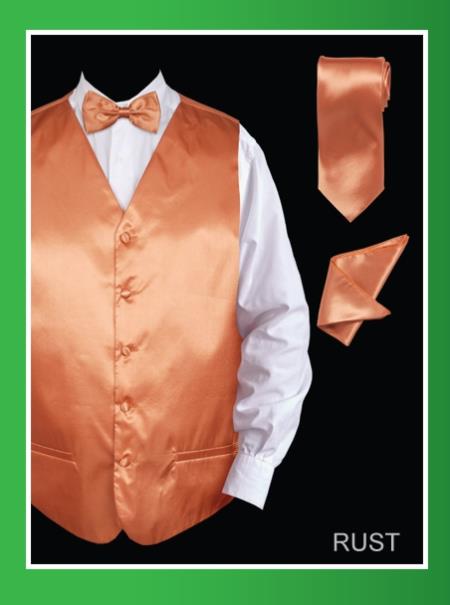 Men's 4 Piece Dress Tuxedo Wedding Vest ~ Waistcoat ~ Waist coat Set (Bow Tie, Neck Tie, Hanky) - Satin Rust - Men's Neck Ties - Mens Dress Tie - Trendy Mens Ties