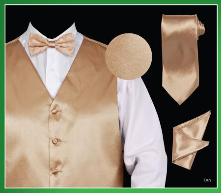 Men's 4 Piece Dress Tuxedo Wedding Vest ~ Waistcoat ~ Waist coat Set (Bow Tie, Neck Tie, Hanky) - Satin Tan ~ Beige - Men's Neck Ties - Mens Dress Tie - Trendy Mens Ties