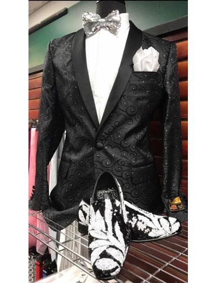 Men's Floral Pattern Shawl Lapel 1 Button Black Shiny Suit