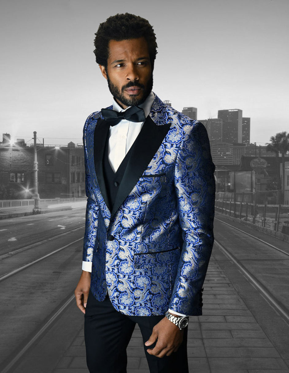Royal Blue Floral Peak Lapel Tuxedo with Vest