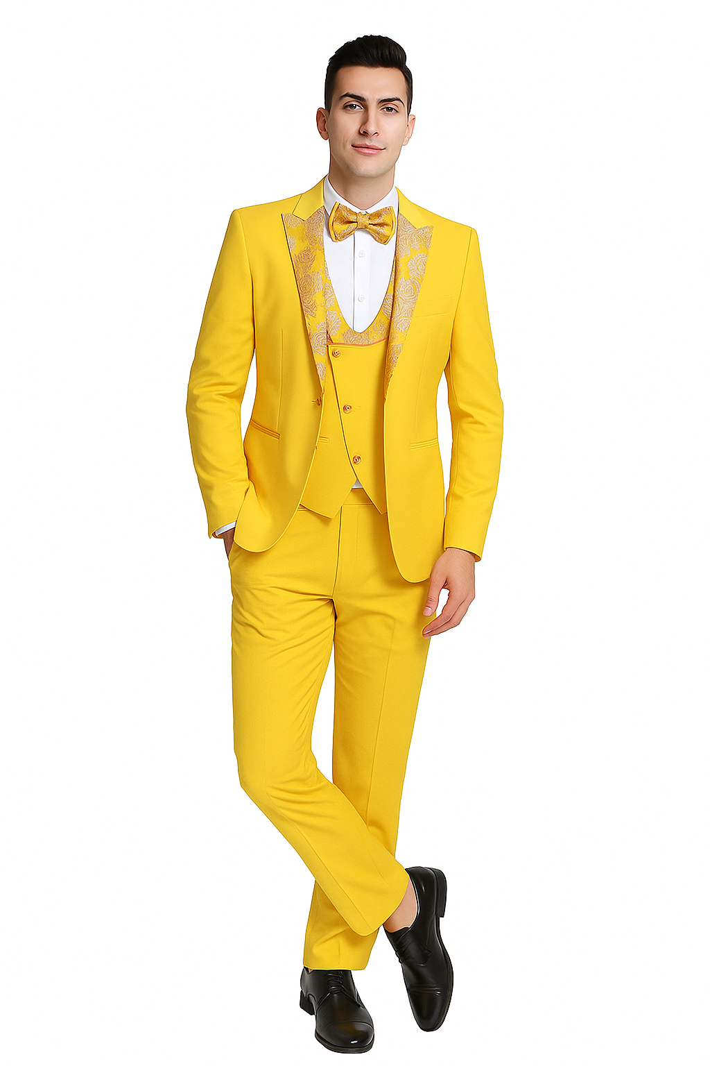 Radiant Golden Bloom 3-Piece Floral Lapel Suit