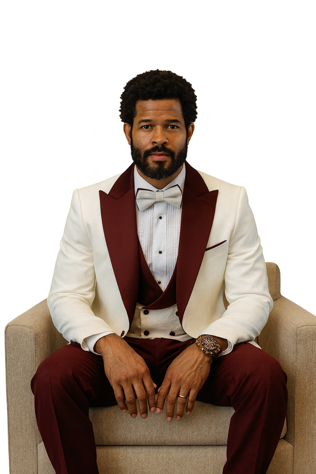White & Burgundy Paisley Peak Lapel Tuxedo Set