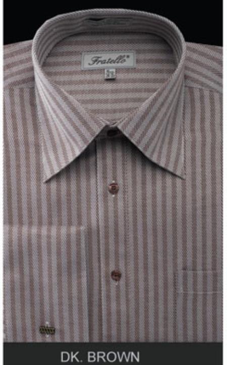 Fratello French Cuff Dark Brown - Herringbone Tweed Stripe Big and Tall Sizes 18 19 20 21 22 Inch Neck Men's Dress Shirt