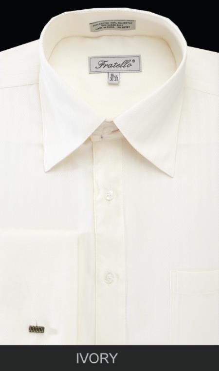 NTFRV4906 Best Cheap Priced Designer Sale Men's French Cuff Dress Shirt - Herringbone Tweed Stripe Ivory Men's Dress Shirt