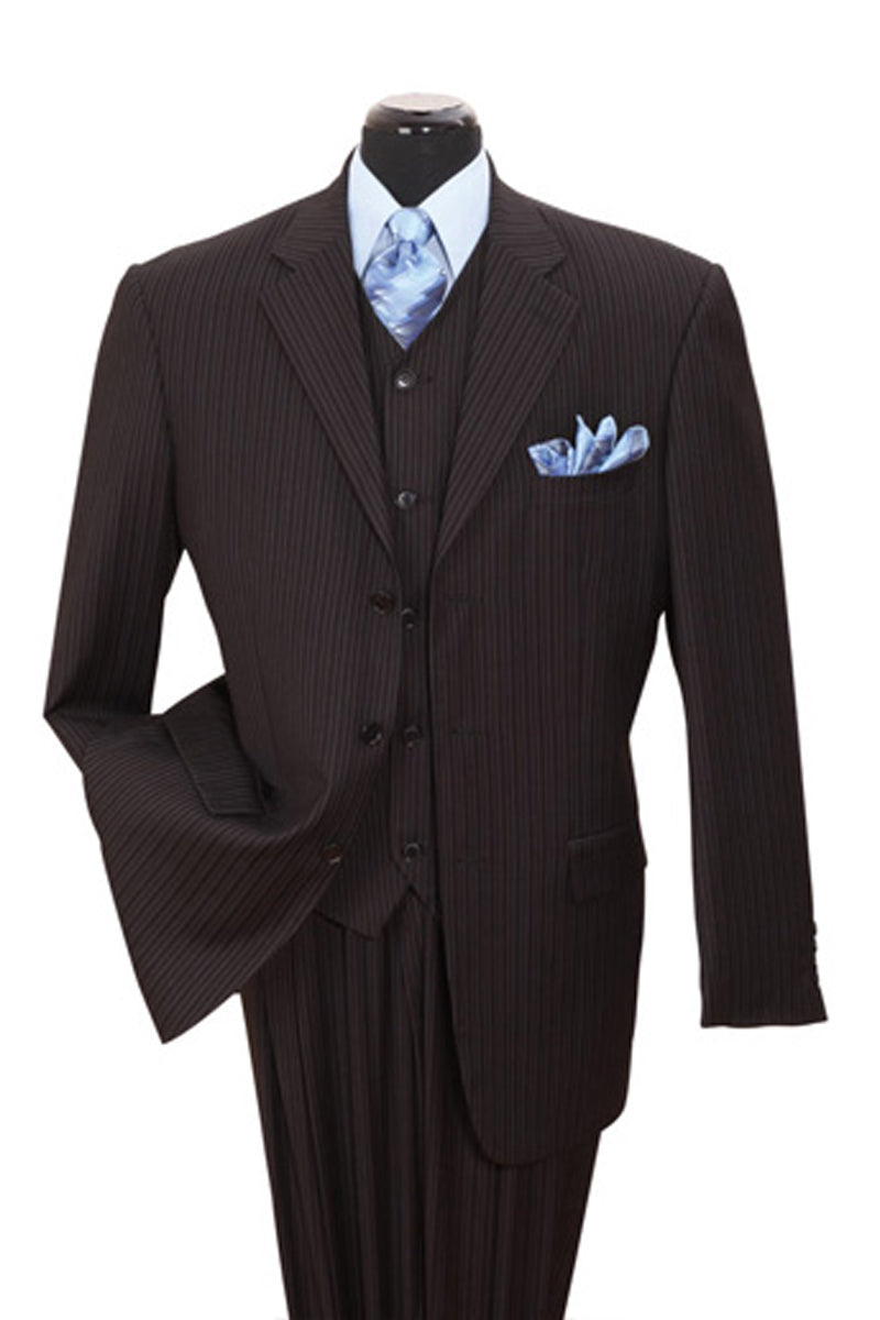 Mens Vested Black Wide Stripe Suit