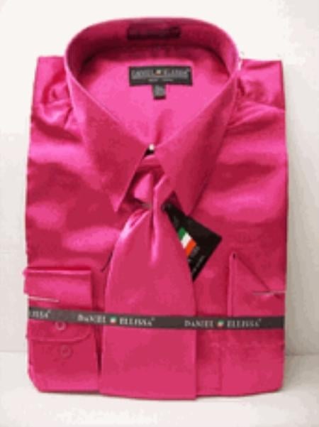 Fashion Cheap Priced Sale Men's New Fuchsia ~ fuschia ~ hot Pink Satin Dress Shirt Combinations Set Tie Combo Shirts Men's Dress Shirt