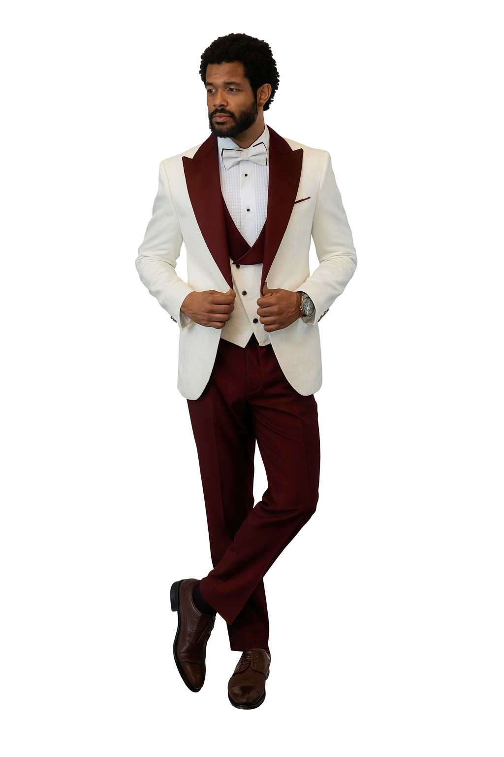 White & Burgundy Paisley Peak Lapel Tuxedo Set