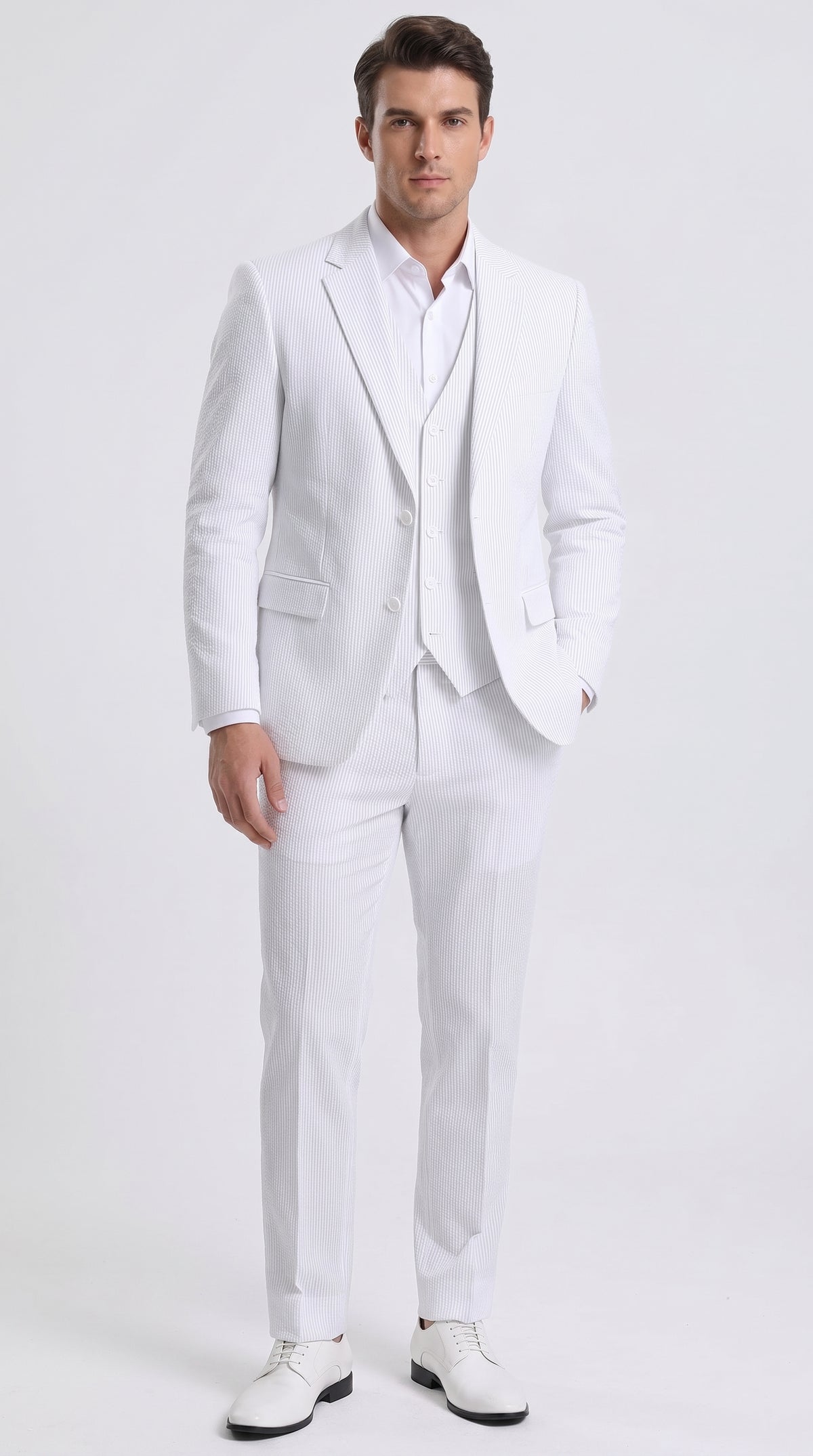 Men’s White Pinstripe Seersucker Summer Suit, Jacket and Pants Formal Wedding Beach Suit