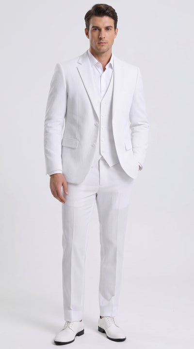 Men’s White Pinstripe Seersucker Summer Suit, Jacket and Pants Formal Wedding Beach Suit