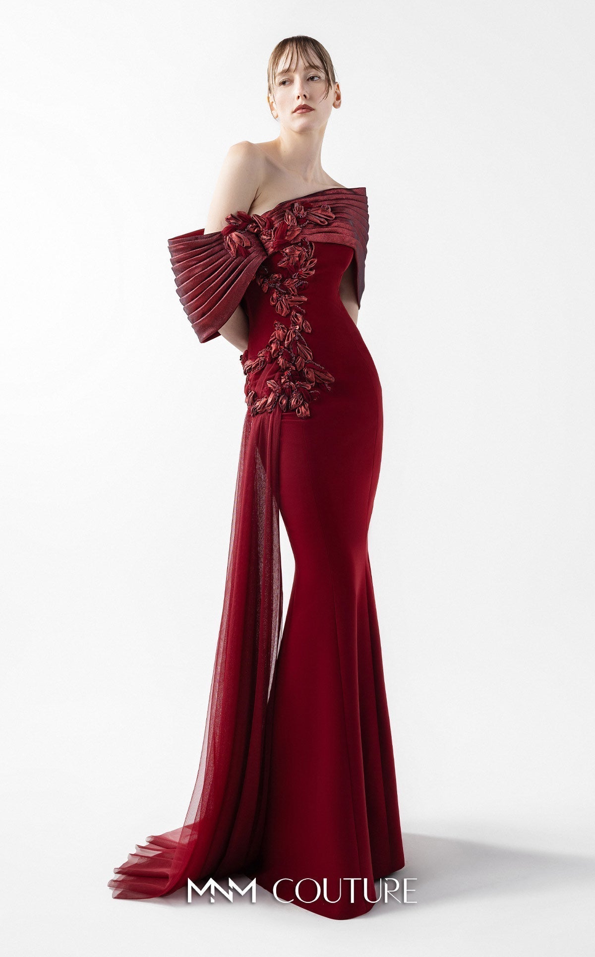 Gaby Charbachy G2022 One-Shoulder Burgundy Open Back Gown by MNM Couture