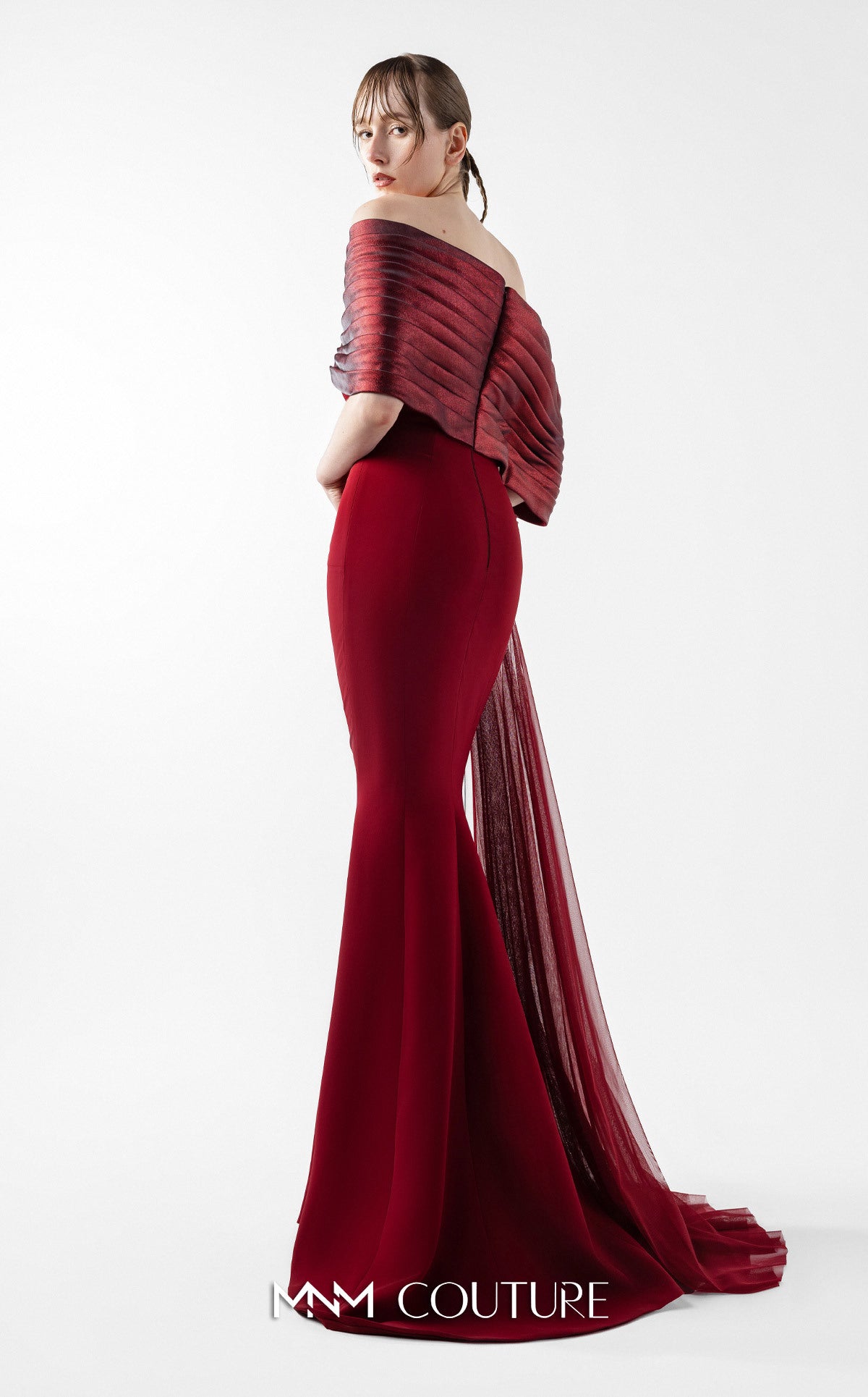 Gaby Charbachy G2022 One-Shoulder Burgundy Open Back Gown by MNM Couture