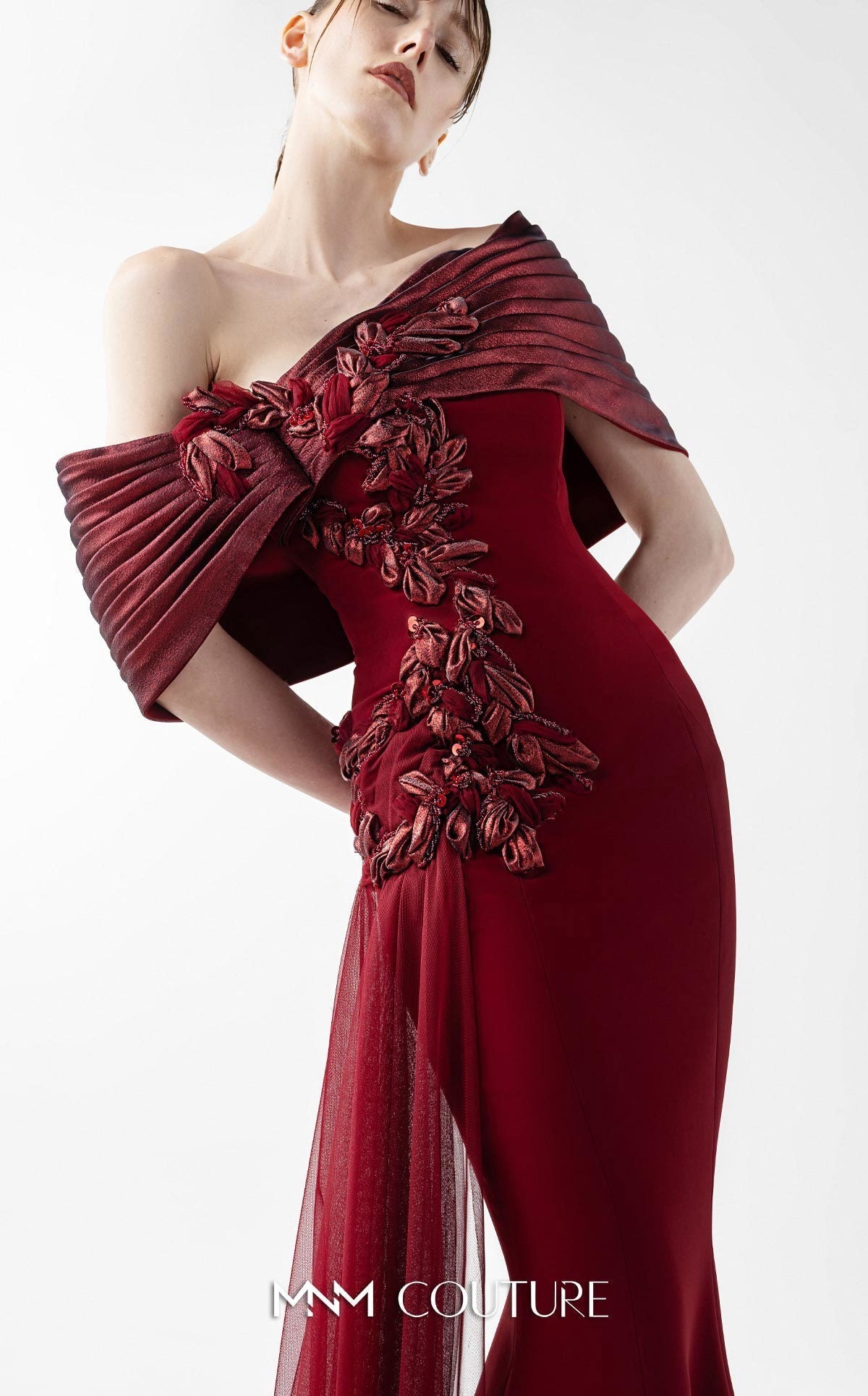 Gaby Charbachy G2022 One-Shoulder Burgundy Open Back Gown by MNM Couture