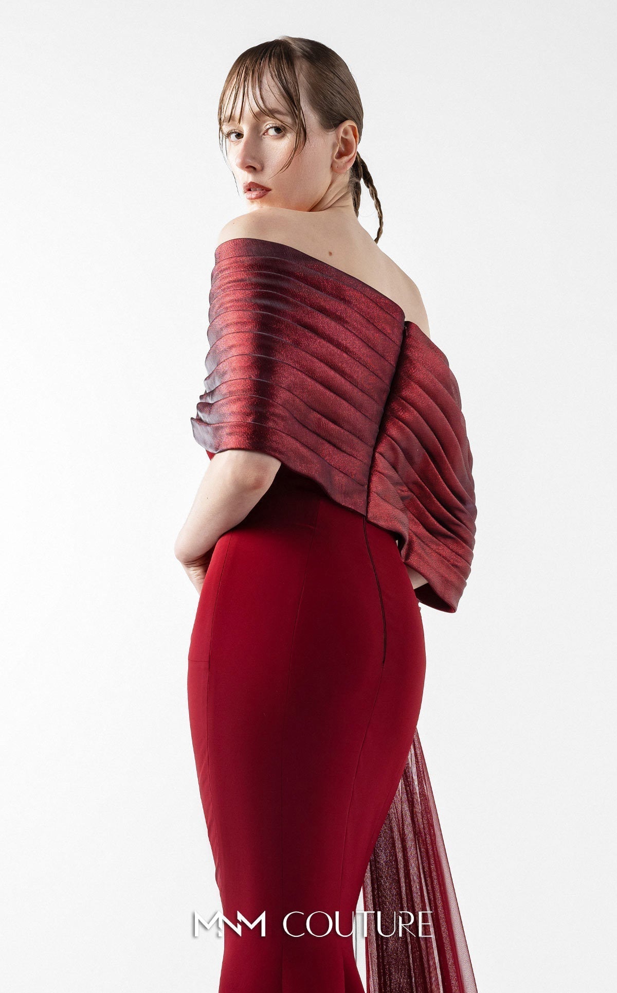 Gaby Charbachy G2022 One-Shoulder Burgundy Open Back Gown by MNM Couture