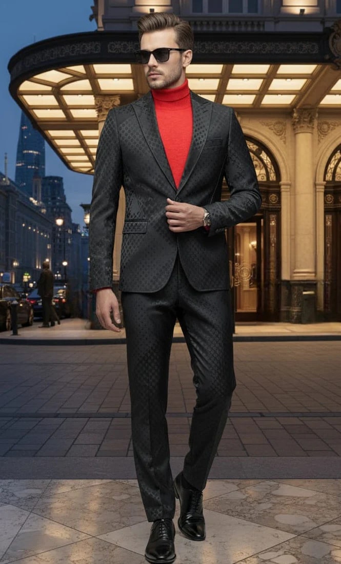 Mens One Button Peak Lapel Suit Black on Black