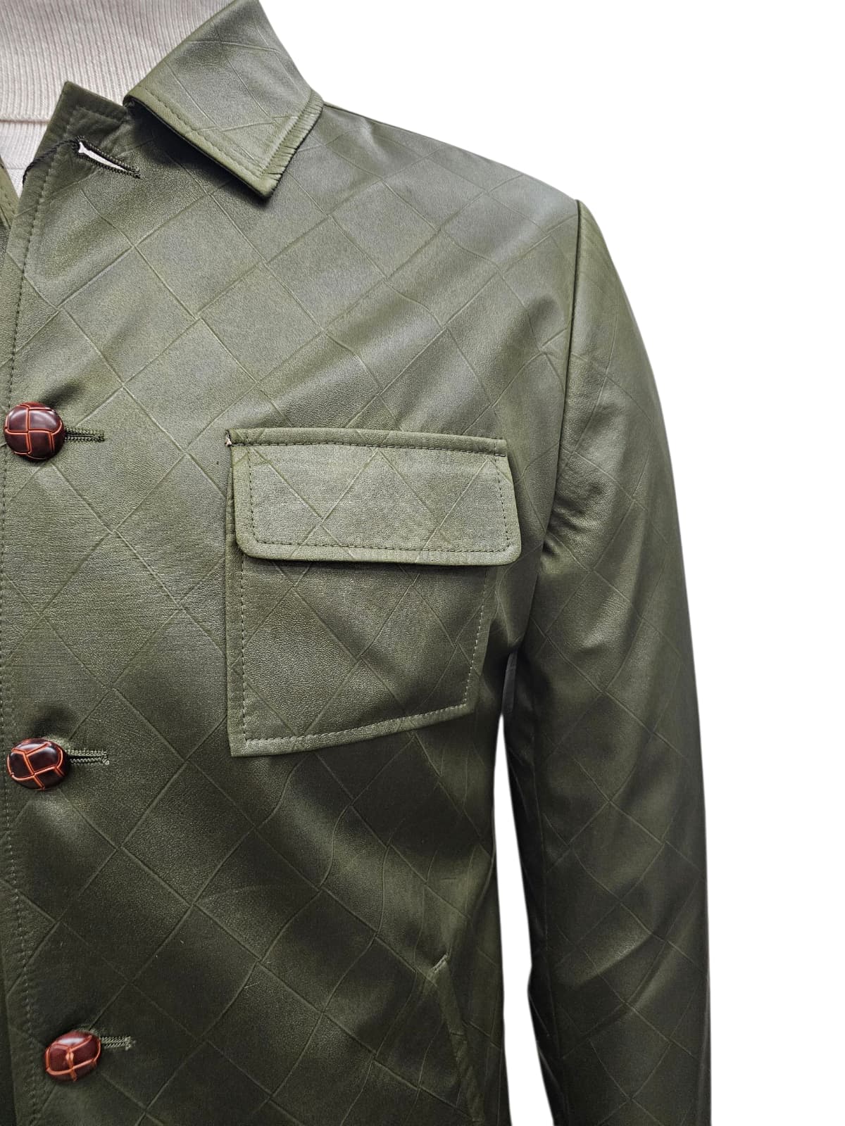 Mens Two Piece Slim Fit Faux Leather Casual Suit Olive