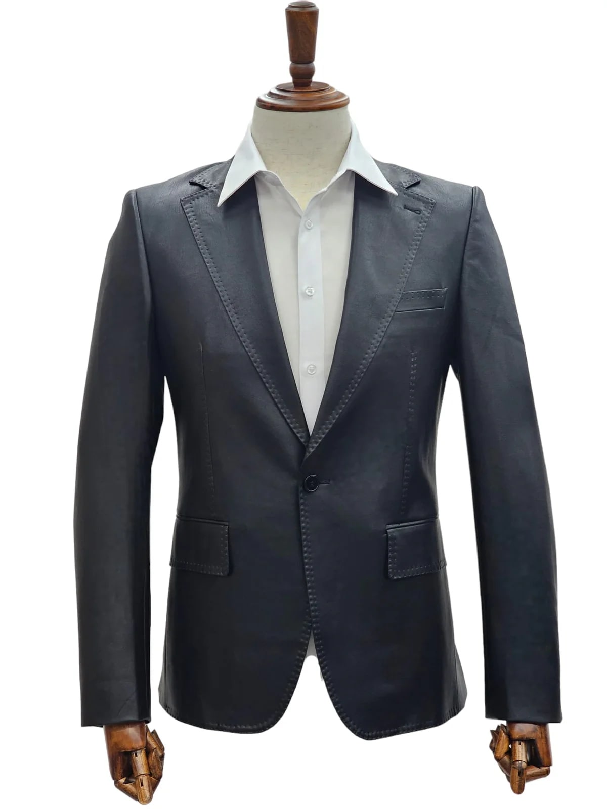 Mens 1 Button Slim Fit Leather Suit Black