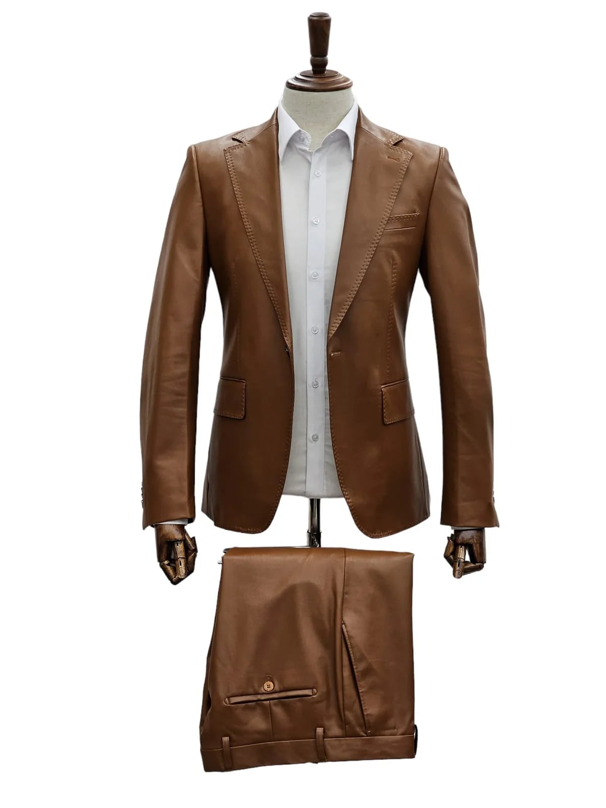 Mens 1 Button Slim Fit Leather Suit Caramel