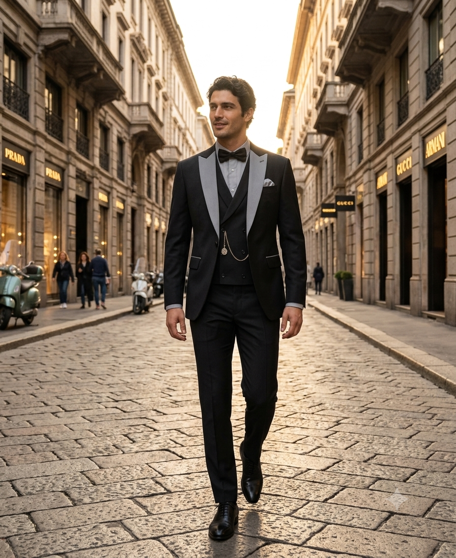 Men’s Black And White Lapel 3 Piece Tuxedo Suit with Silver Gray Satin Lapel | Formal Wedding Prom Suit Set