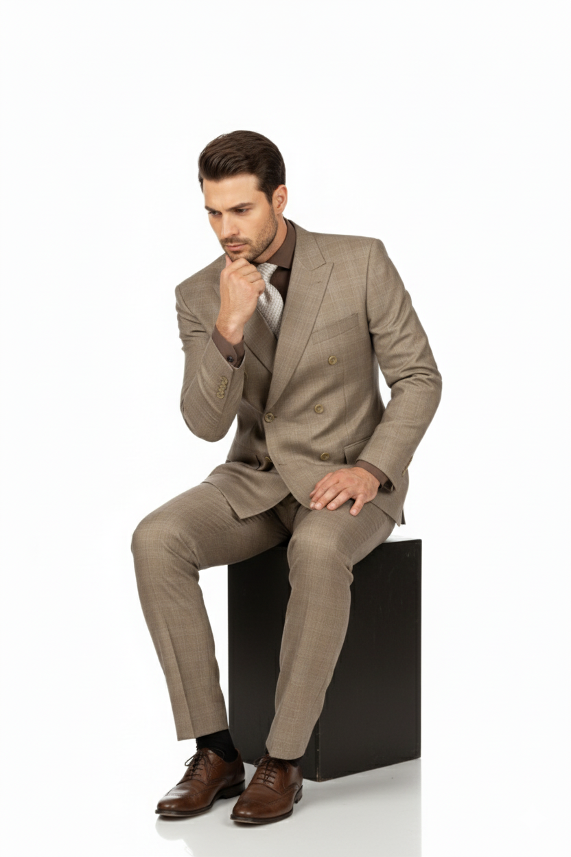 Tan Wool-Feel Double Breasted Plaid Suit