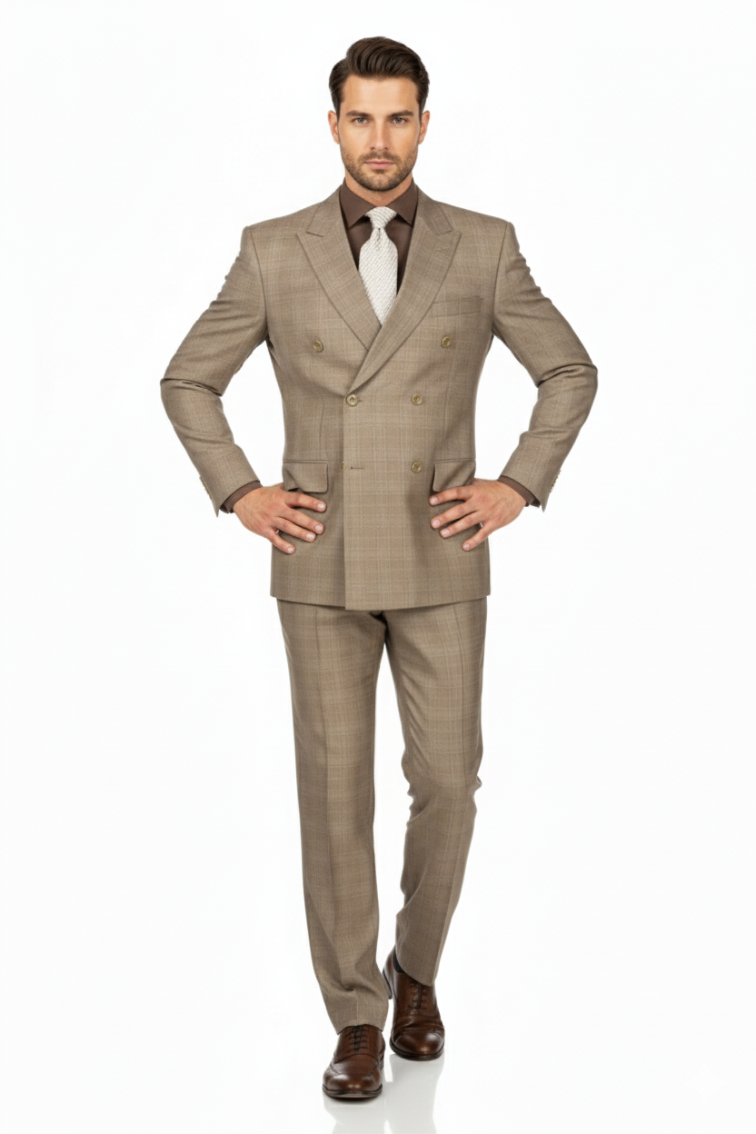 Tan Wool-Feel Double Breasted Plaid Suit