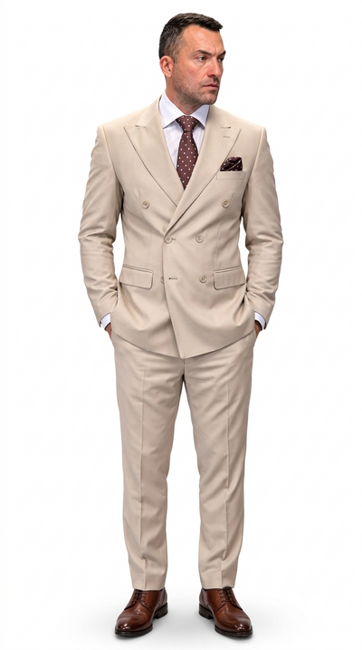 Men’s Double-Breasted Regular Fit 3 Piece Suit with Pleated Pants - Tan