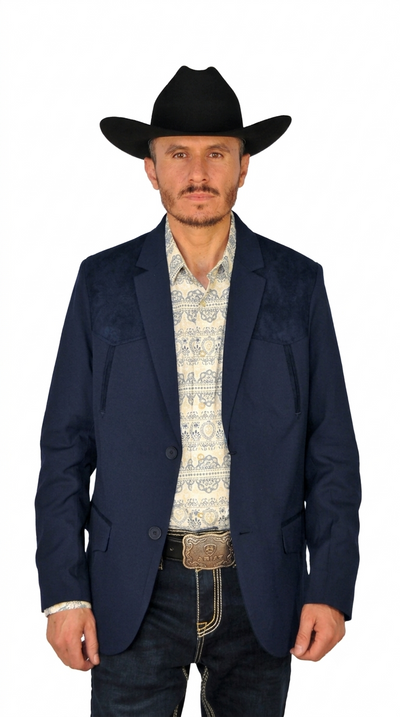 Mens SUEDE Cowboy Blazer Ultra Slim Fit Mens Western Suede Blazer with Embroidery in Color "Navy"