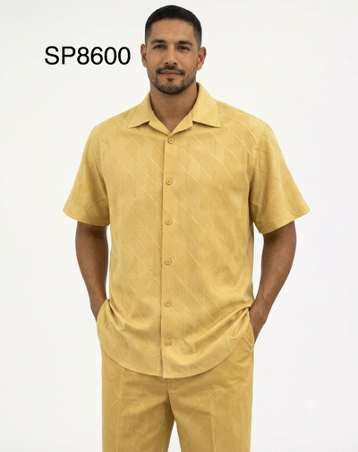 Menβs Light Mustard Linen Walking Suit Set β 2 Piece Short Sleeve Casual Outfit