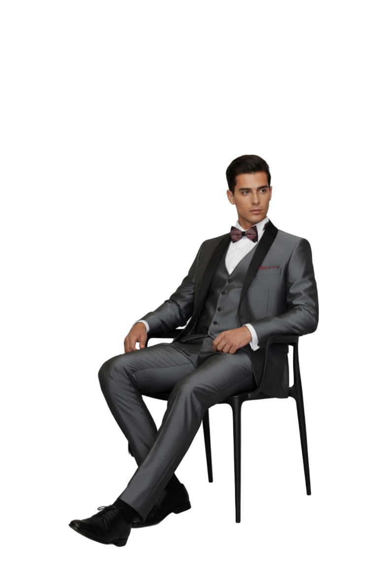 Men's Gray Black Shawl Tuxedo Slim Fitted 3 Piece Two Toned Shiny Sharkskin Suit