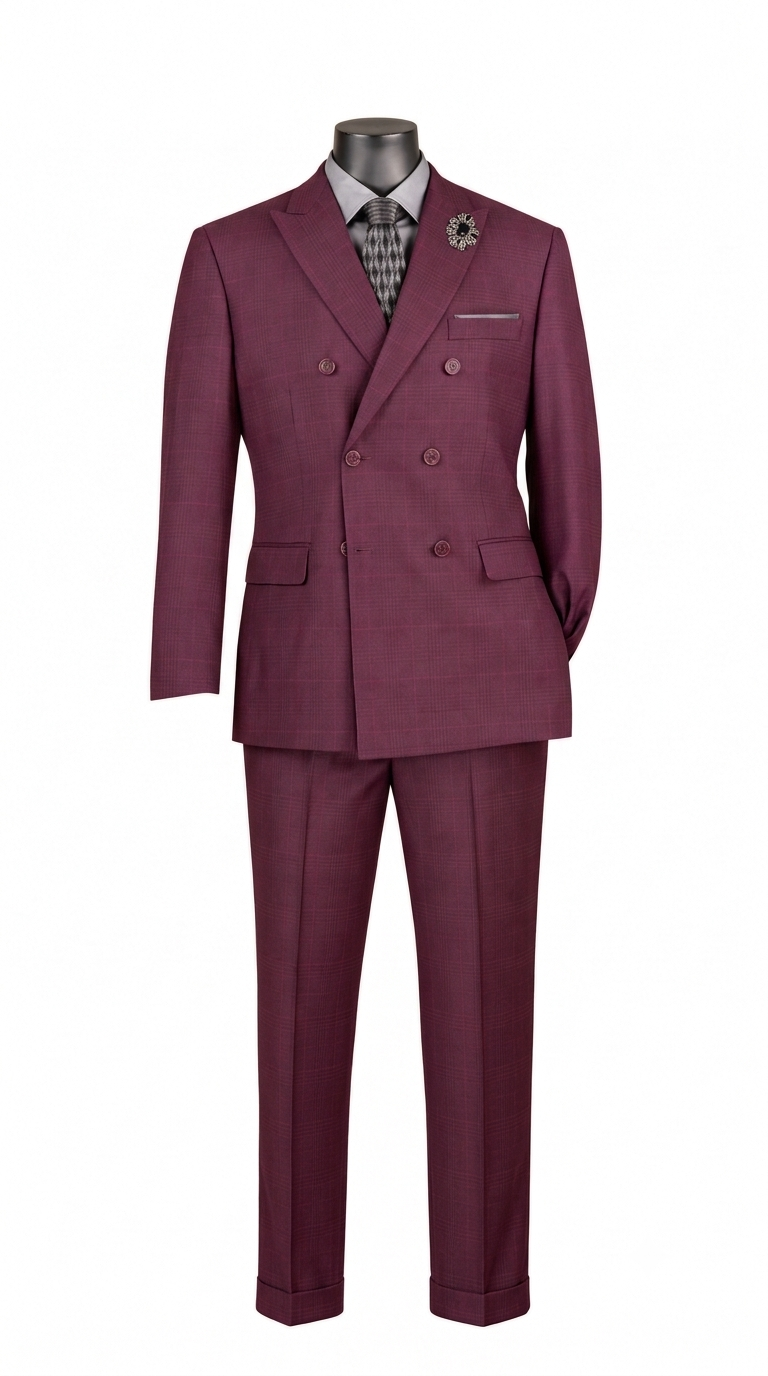2-Piece Double Breasted Glen Plaid Regular Fit Suit - Burgundy