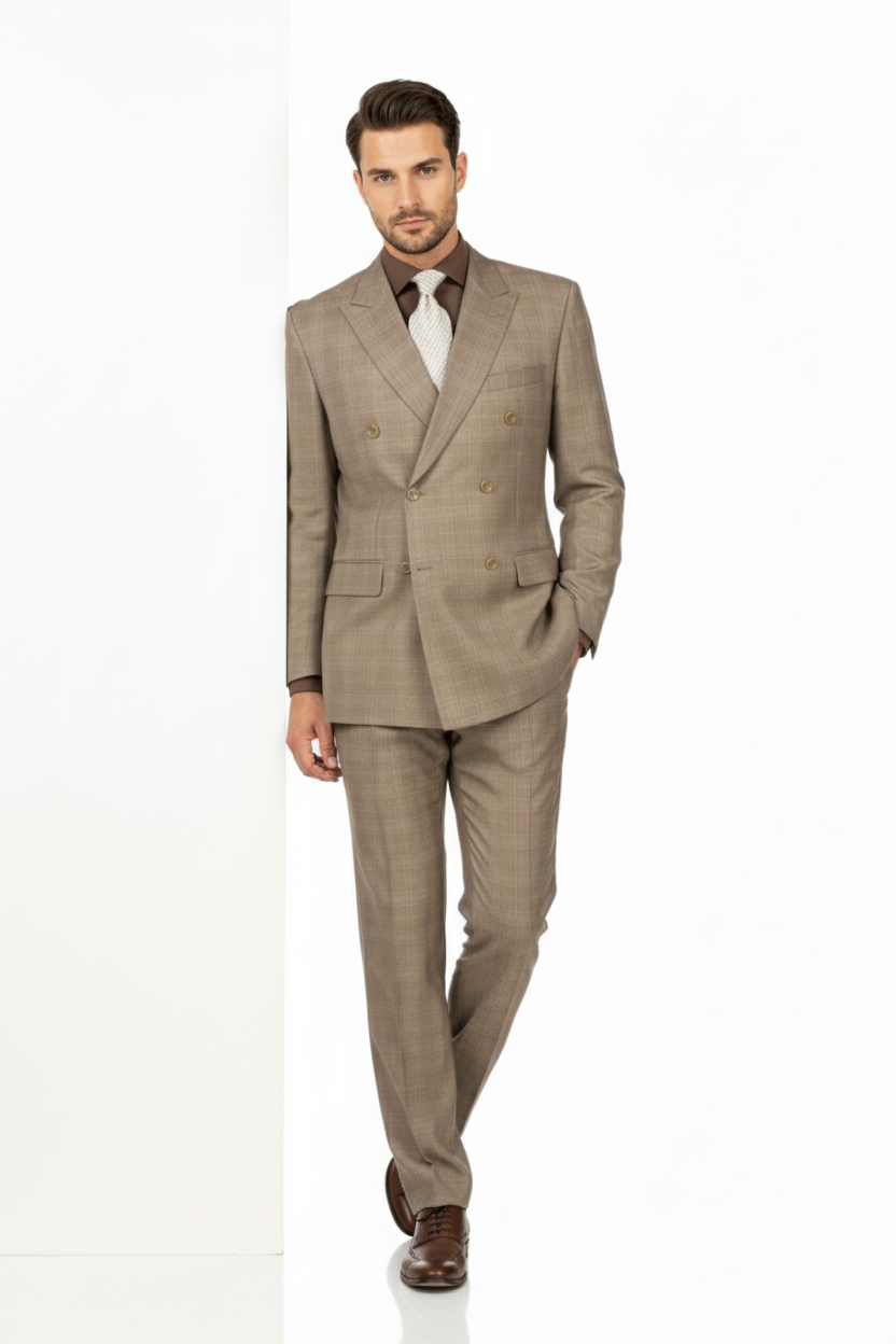Tan Wool-Feel Double Breasted Plaid Suit