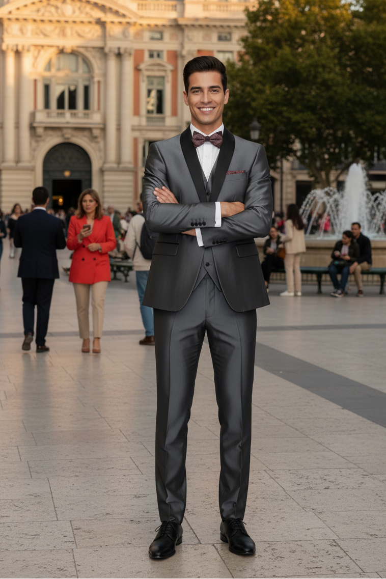 Men's Gray Black Shawl Tuxedo Slim Fitted 3 Piece Two Toned Shiny Sharkskin Suit