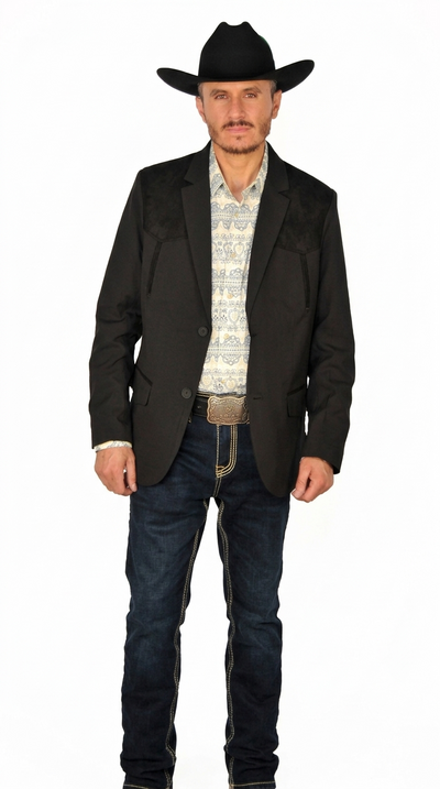 Mens SUEDE Cowboy Blazer Ultra Slim Fit Black Suede Cowboy Jacket with Western Embroidery in Color "Black"
