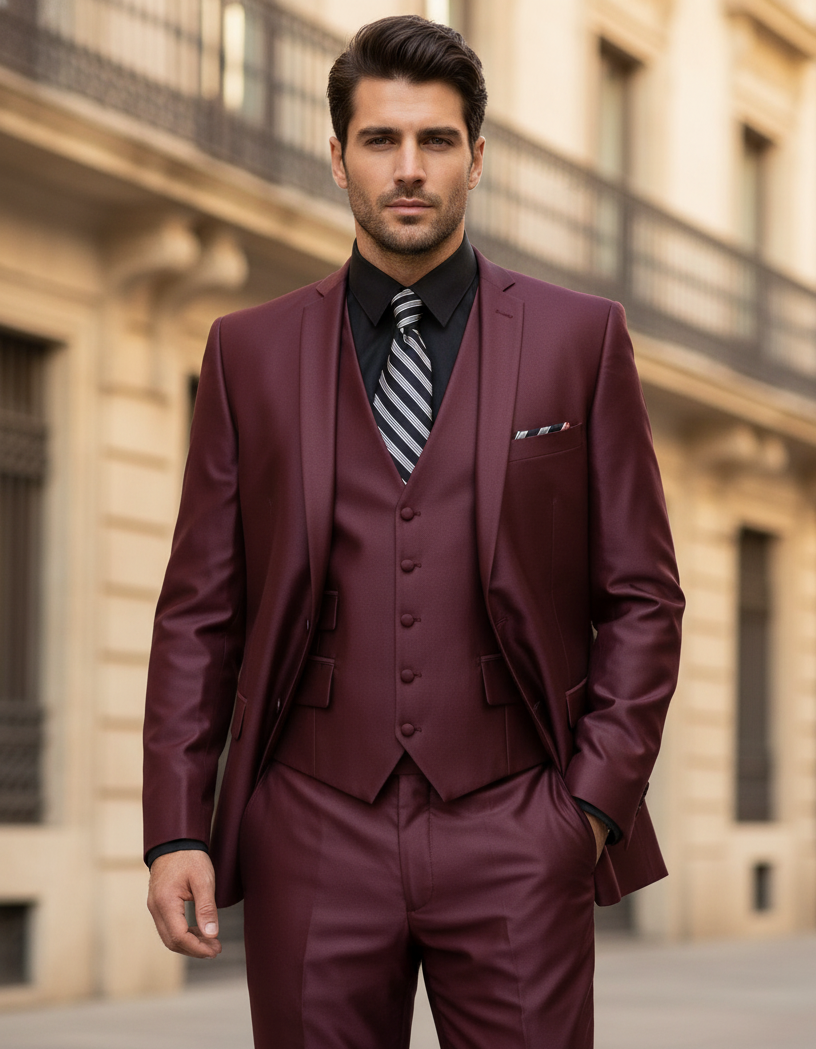 Men's Sharkskin Burgundy ~ Wine ~ Maroon Suit vested Cheap Priced Business Suits Clearance