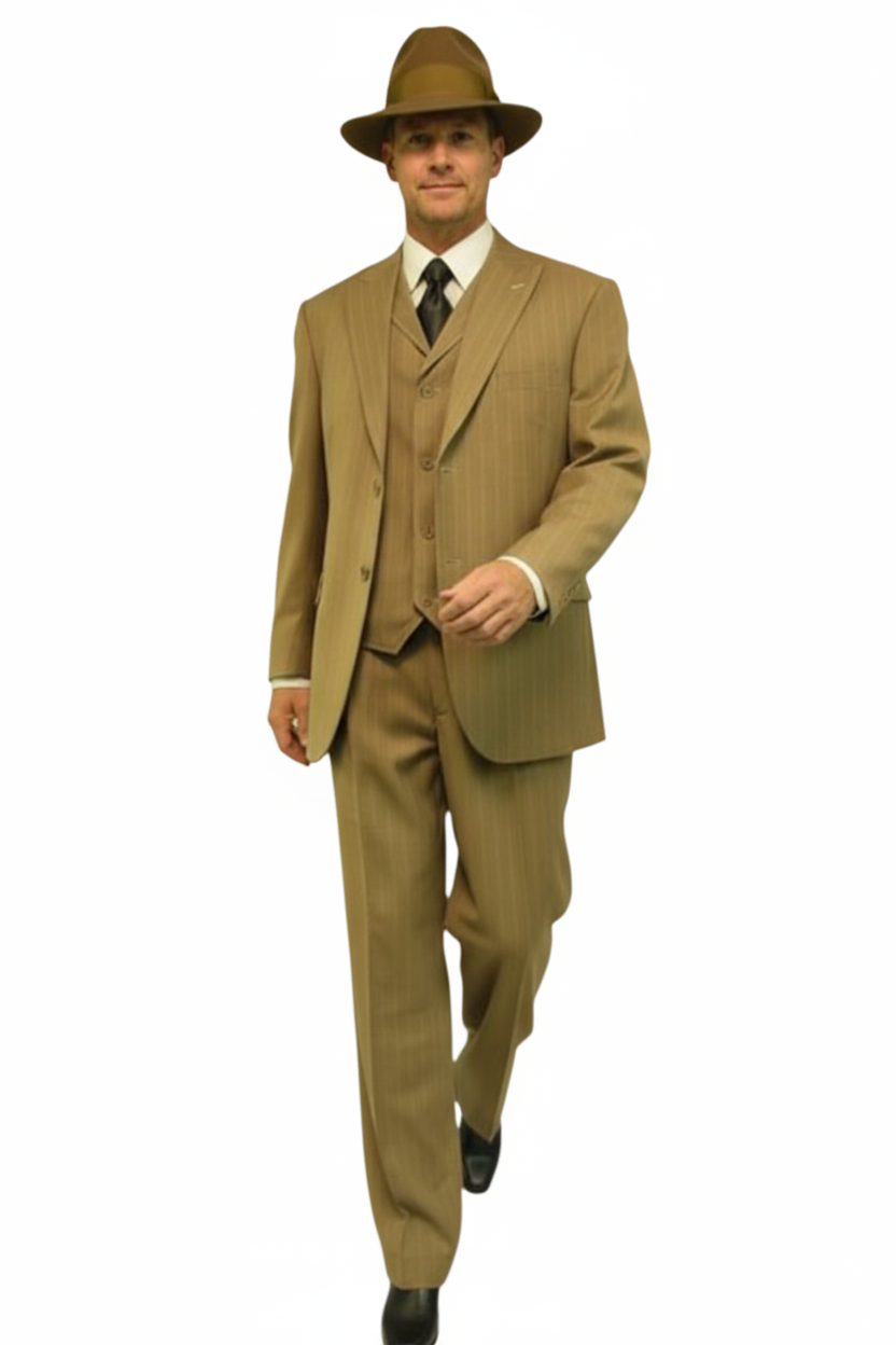 Men's 3 Piece Bold ~ Chalk ~ Gangster Pinstripe ~ Stripe Tan/White Zoot Cheap Priced Business Suits Clearance Sale