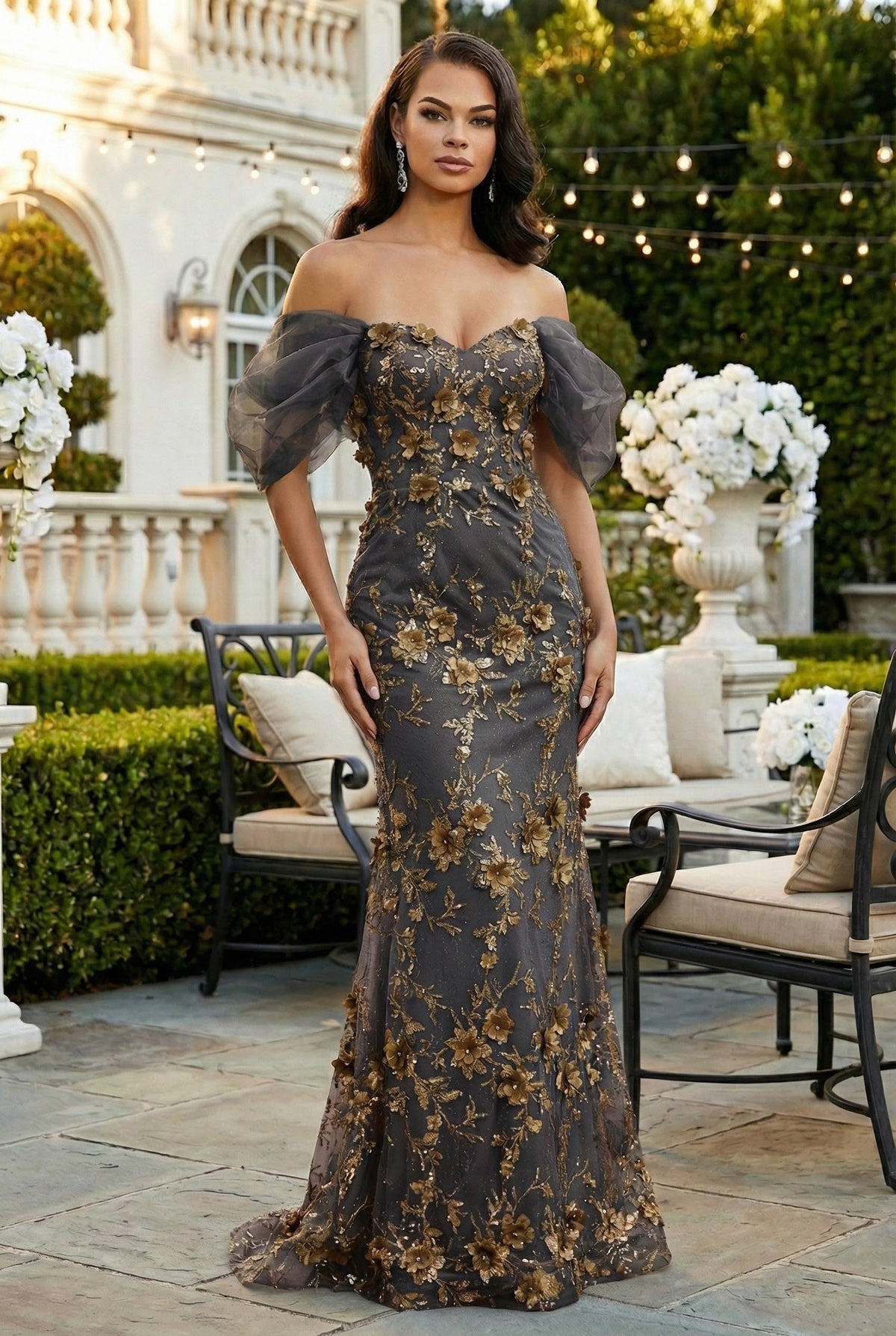 Off Soulder 3D Floral Applique Red Carpet Dress-New Collection