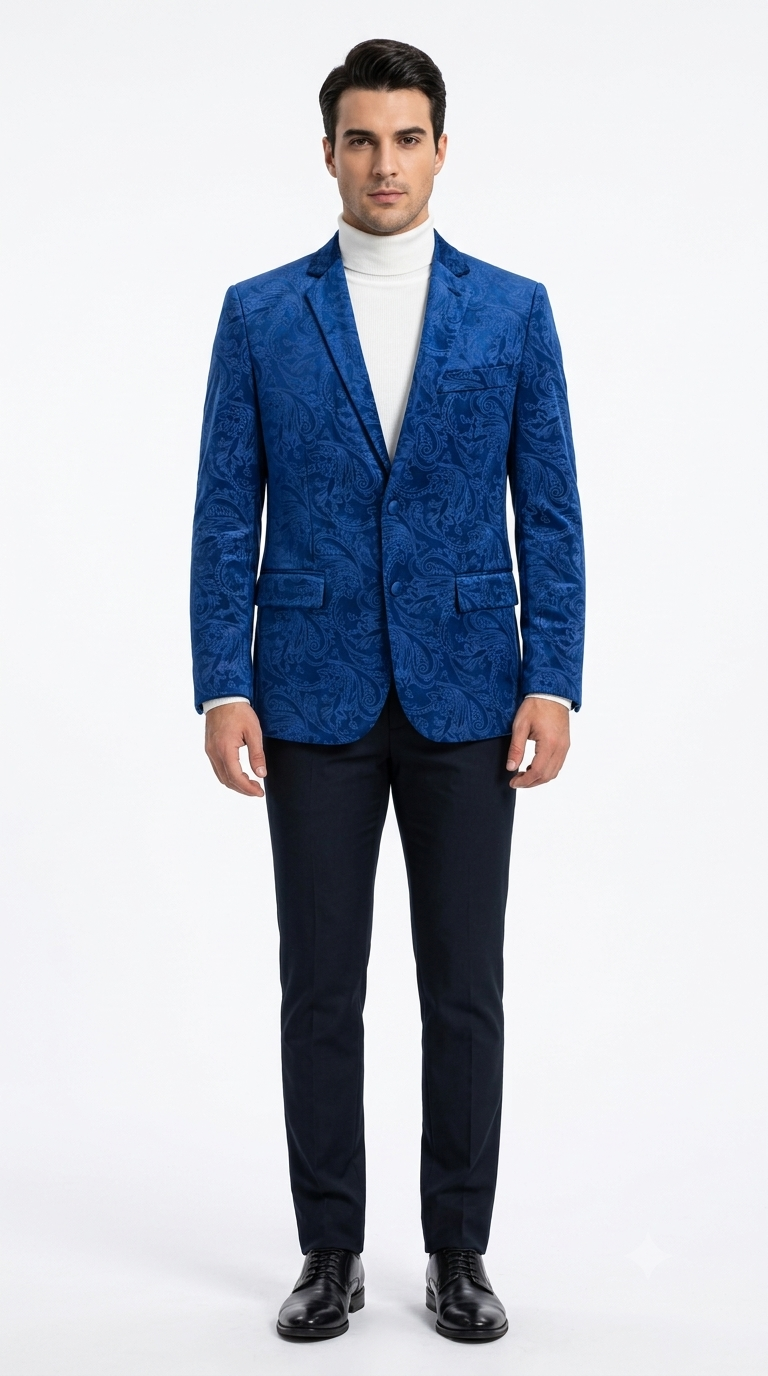 Men’s Velvet Paisley Blazer 2-Button Regular Fit with Notch Lapel - Blue