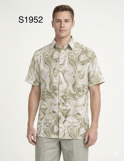 Menβs Sage Green Abstract Print Walking Suit Set β 2 Piece Short Sleeve Casual Outfit