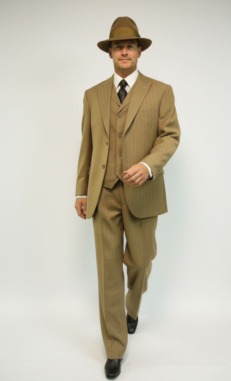 Men's 3 Piece Bold ~ Chalk ~ Gangster Pinstripe ~ Stripe Tan/White Zoot Cheap Priced Business Suits Clearance Sale