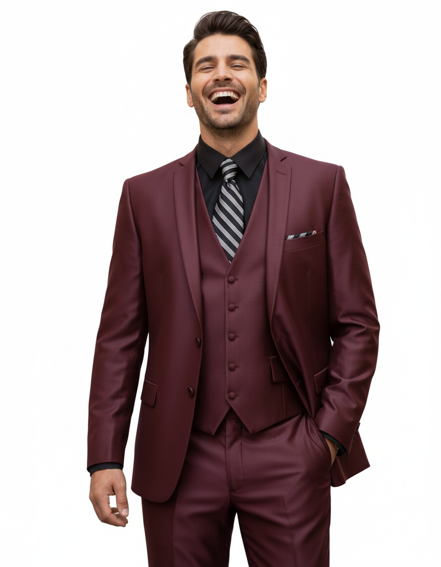 Men's Sharkskin Burgundy ~ Wine ~ Maroon Suit vested Cheap Priced Business Suits Clearance